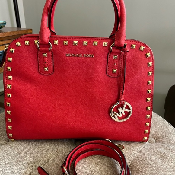 MICHAEL KORS Sandrine Gold Studded Satchel‎ Shoulder Bag/Purse Red - Picture 2 of 13